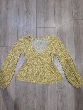 American Eagle Yellow Floral Long Sleeve Peplum Blouse Size Small